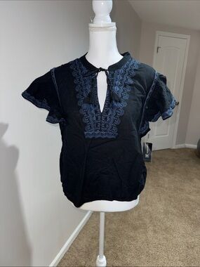 INC International Concepts Navy Short-Sleeve Embroidered Keyhole Top